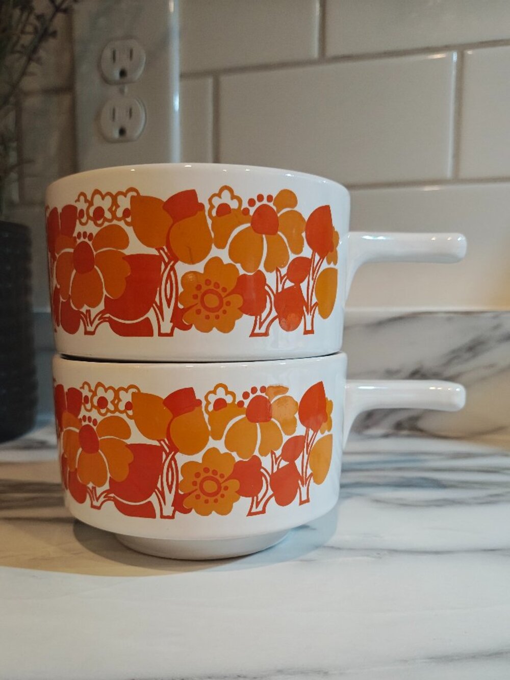 Vintage Staffordshire Soup Bowls Set of 2 Orange Floral Retro 1960s 70s England